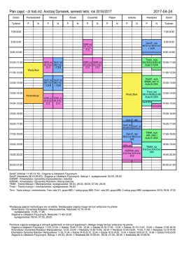 Plan zajęć - dr hab.in . Andrzej Dymarek, semestr letni, rok 2016