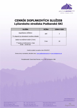 cenník doplnkových služieb