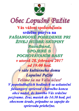 Pozv&aacute;nka na fa&scaron;iangov&eacute; posedenie Lopu&scaron;n&eacute; Pažite 2017_02_28