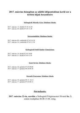 2017. március hónapban az alábbi időpontokban kerül sor a térítési