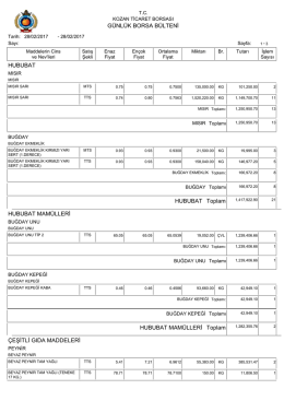 G&Uuml;NL&Uuml;K BORSA B&Uuml;LTENİ HUBUBAT Toplam HUBUBAT