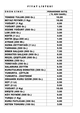 F İ Y A T  L İ S T E S İ TENEKE TULUM (500 Gr.) 10.00 BEYAZ