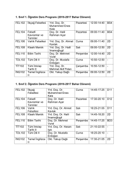 1. Sınıf 1. &Ouml;ğretim Ders Programı (2016