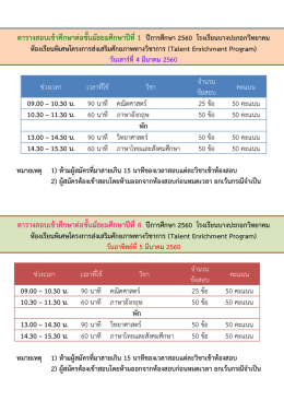 ตารางสอบเข้าศึกษาต่อชั้นมัธยมศึกษาปีที่1 ปี