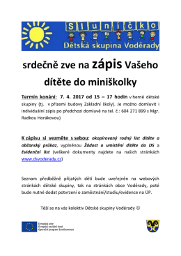 srdečně zve na zápisVašeho dítěte do miniškolky