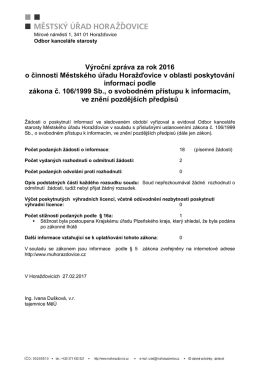 Výroční zpráva za rok 2016 o činnosti MěÚ Horažďovice v oblasti