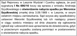 Sąd Rejonowy w Lesznie Wydział I Cywilny ogłasza, że pod