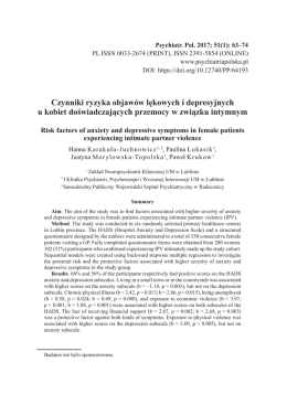 Czynniki ryzyka objaw&oacute;w lękowych i depresyjnych u kobiet