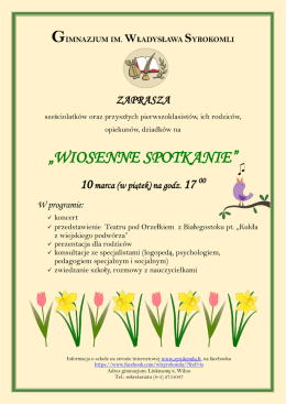 &bdquo;WIOSENNE SPOTKANIE&rdquo; 10marca (w piątek) na godz. 17 00 W