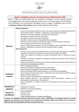 Appel &agrave; candidature pour le recrutement d`un Administrateur DBA