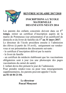 RENTREE SCOLAIRE 2017/2018 INSCRIPTIONS A L`ECOLE