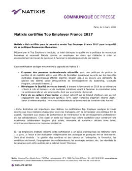 Natixis certifiée Top Employer France 2017