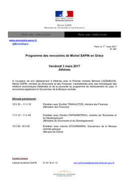 Programme des rencontres de Michel SAPIN en Grèce Vendredi 3