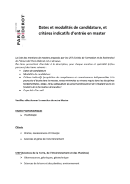 Dates et modalit&eacute;s de candidature, et crit&egrave;res indicatifs d`entr&eacute;e en
