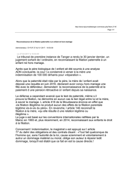 Reconnaissance de la filiation paternelle &agrave; un enfant n &eacute; hors