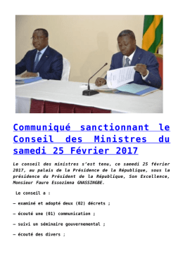 Communiqué sanctionnant le Conseil des Ministres du samedi 25