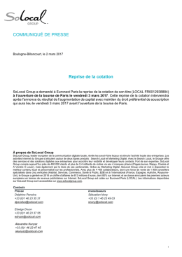 COMMUNIQU&Eacute; DE PRESSE Reprise de la cotation