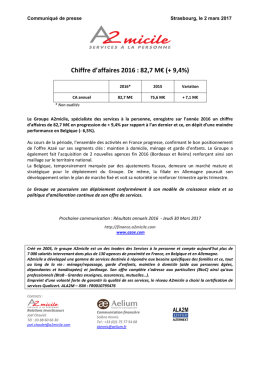 Chiffre d`affaires 2016 : 82,7 M&euro; (+ 9,4%) - A2Micile Finance