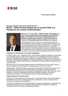 BCGE – Gilbert Probst désigné par le Conseil d`Etat à la Présidence