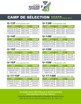 Horaire camp de sélection - U13 à U18