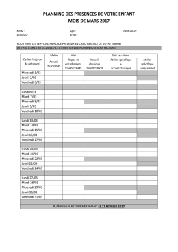 planning des presences de votre enfant mois de mars 2017