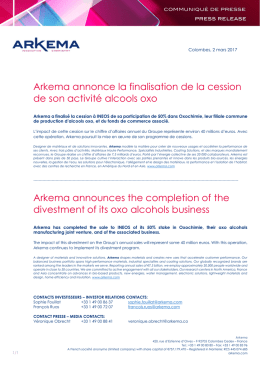 Arkema annonce la finalisation de la cession de son