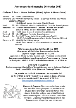 Annonces du dimanche 26 f&eacute;vrier 2017