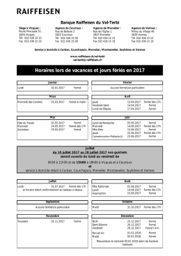 Horaires lors de vacances et jours fériés en 2017