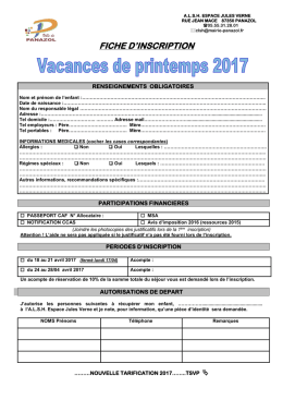 Fiche d`inscription Vacances printemps 2017