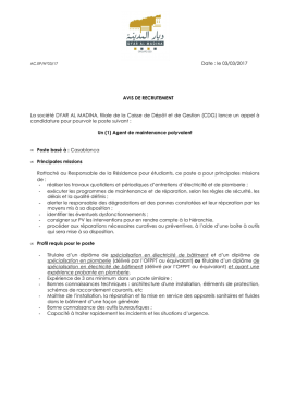 Date : le 03/03/2017 AVIS DE RECRUTEMENT La soci&eacute;t&eacute; DYAR AL