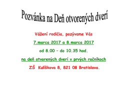 Vážení rodičia, pozývame Vás 7.marca 2017 a 8.marca 2017 od