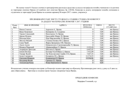 Preliminarna rang lista studenata I godine studija