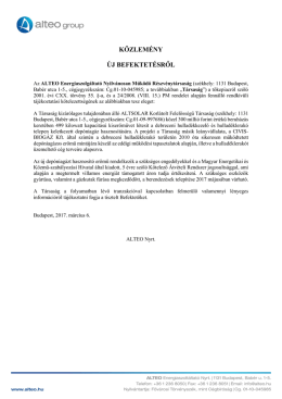 Rendkívüli tájékozatás az ALTEO Nyrt. Új befektetéséről