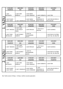 2016-2017 Eğitim Öğretim Yılı 2. Dönem Ortak Sınav Takvimi