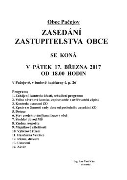 Veřejné zasedání Zastupitelstva obce Pačejov 17. 3. 2017