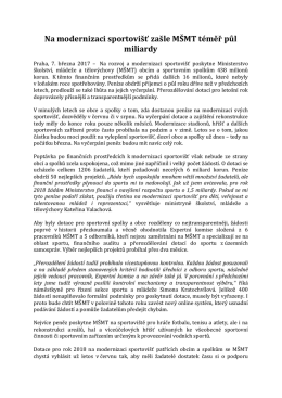 Na modernizaci sportovi&scaron;ť za&scaron;le M&Scaron;MT t&eacute;měř půl miliardy