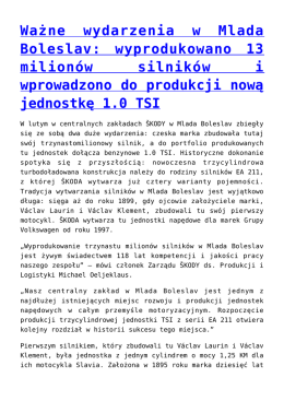 Ważne wydarzenia w Mlada Boleslav: wyprodukowano 13 milionów