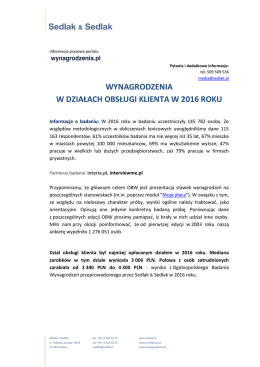 WYNAGRODZENIA W DZIAŁACH OBSŁUGI KLIENTA W 2016 ROKU