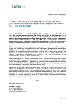 TiGenix communique une mise à jour concernant de la procédure