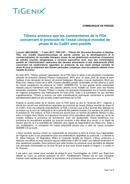 TiGenix annonce que les commentaires de la FDA concernant le