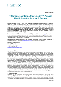 TiGenix pr&eacute;sentera &agrave; Cowen`s 37 Annual Health Care Conference &agrave;