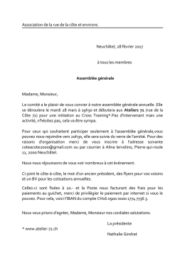 le mardi 28 mars à 19h30 - Association de la rue de la Côte et