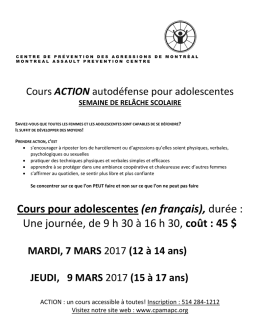 Cours pour adolescentes (en français), durée : Une journée, de 9 h