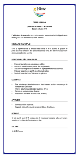 Gardien de parcs - Ville de Joliette