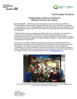 Transplant Qu&eacute;bec souligne la contribution de l`H&ocirc;tel