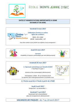 VACANCES DE PAQUES : du 7 au 24 avril 2017