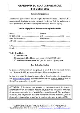 GRAND PRIX DU GOLF DE BARBAROUX 4 et 5 Mars 2017
