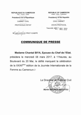 communique de presse - Présidence de la République du Cameroun