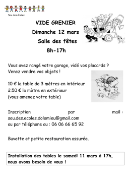 VIDE GRENIER Dimanche 12 mars Salle des f&ecirc;tes 8h-17h