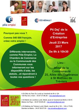 Pti Dej` de la Cr&eacute;ation d`Entreprise Jeudi 23 Mars 2017 De 9h &agrave;